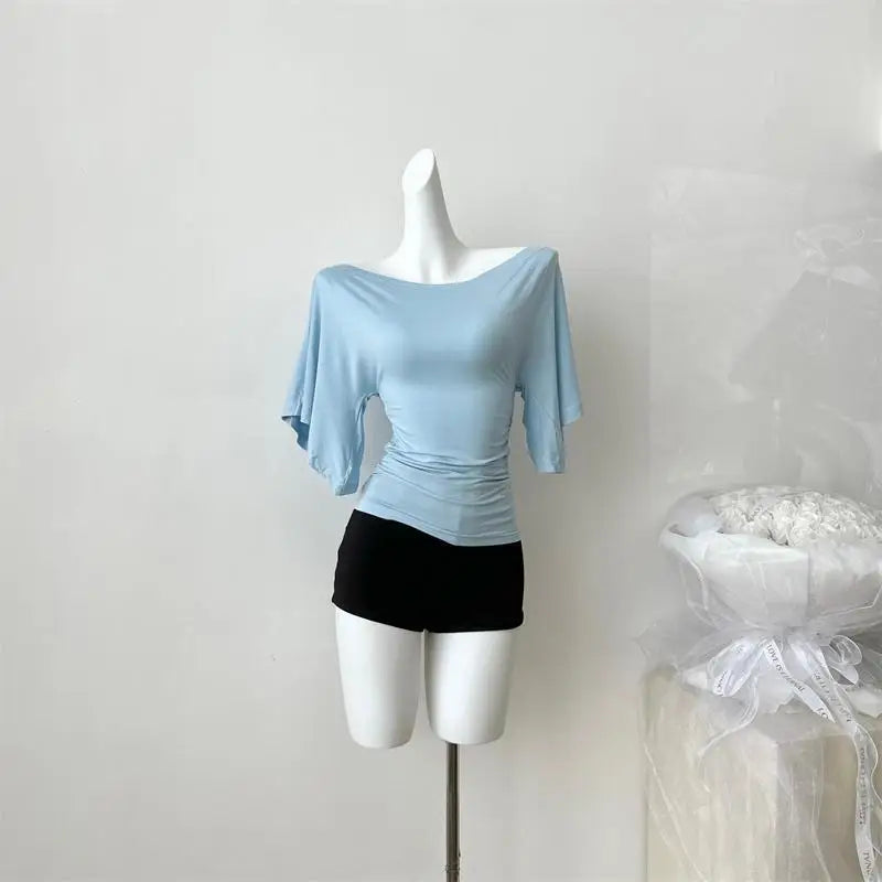 Women's Slash Neck Flare Sleeve Slim Pleated T-Shirt – Sexy Solid Color Pullover Top