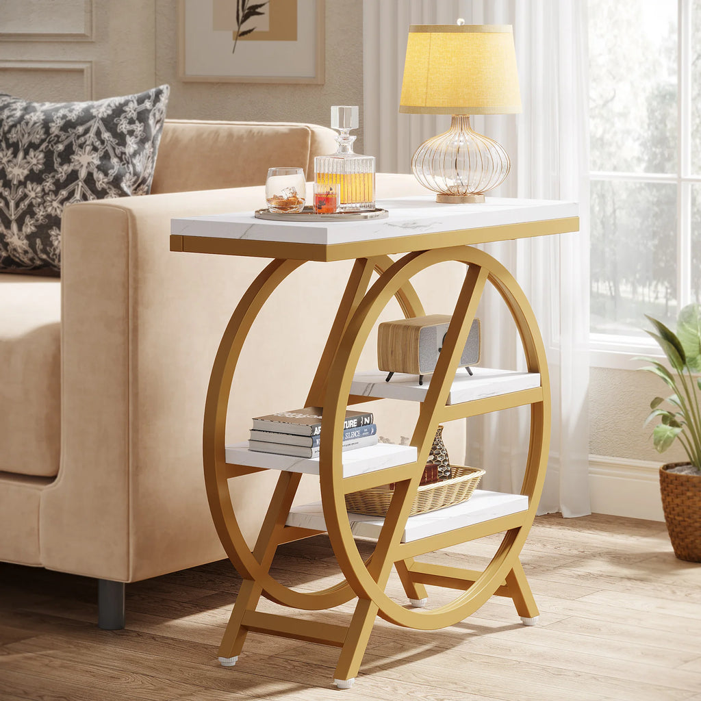 Tribesigns 3-Tier Narrow Side Table — Wood & Geometric Metal Frame