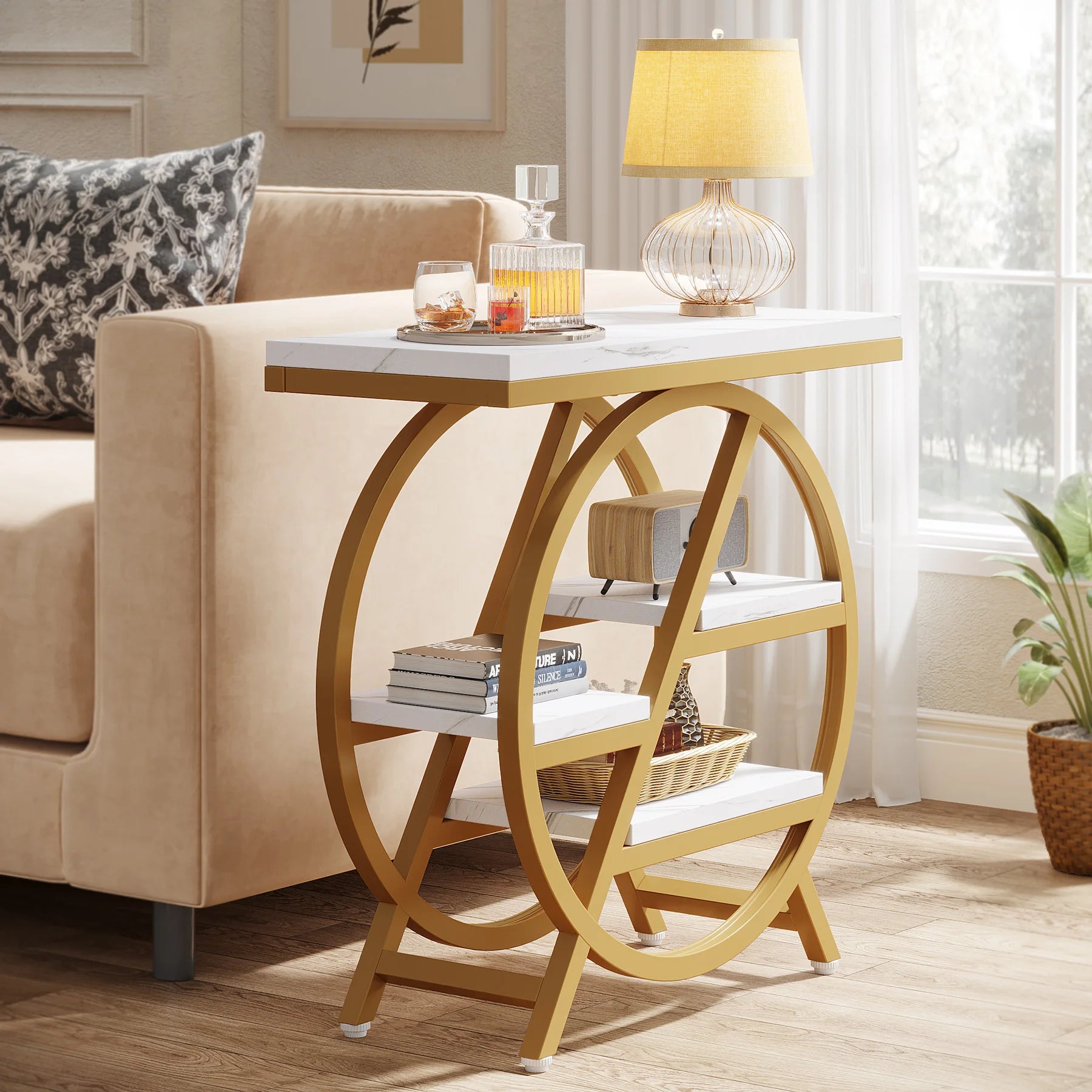 Tribesigns 3-Tier Narrow Side Table — Wood & Geometric Metal Frame