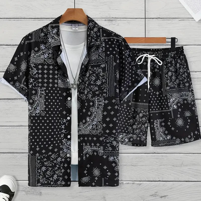 Men's Hawaiian Paisley Print Shirt & Drawstring Shorts Beach Party Set