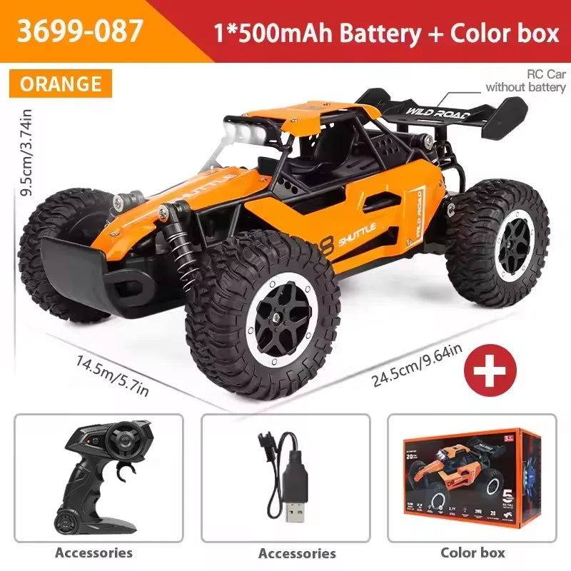 Orange and black remote control off-road RC truck battery set with controller, USB cable, and color box on a white background.