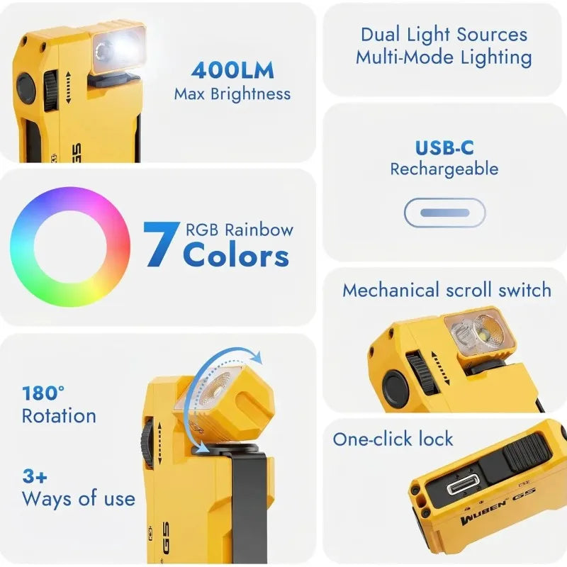 Wuben G5 EDC Pocket Flashlight – 400 Lumens, Dual Light Sources, RGB & USB-C Rechargeable