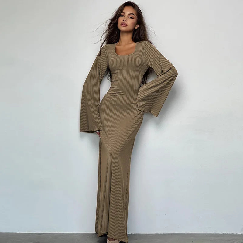 Long Flare Sleeve Maxi Dress — Slim Lace-Up Floor-Length Casual Office Dress