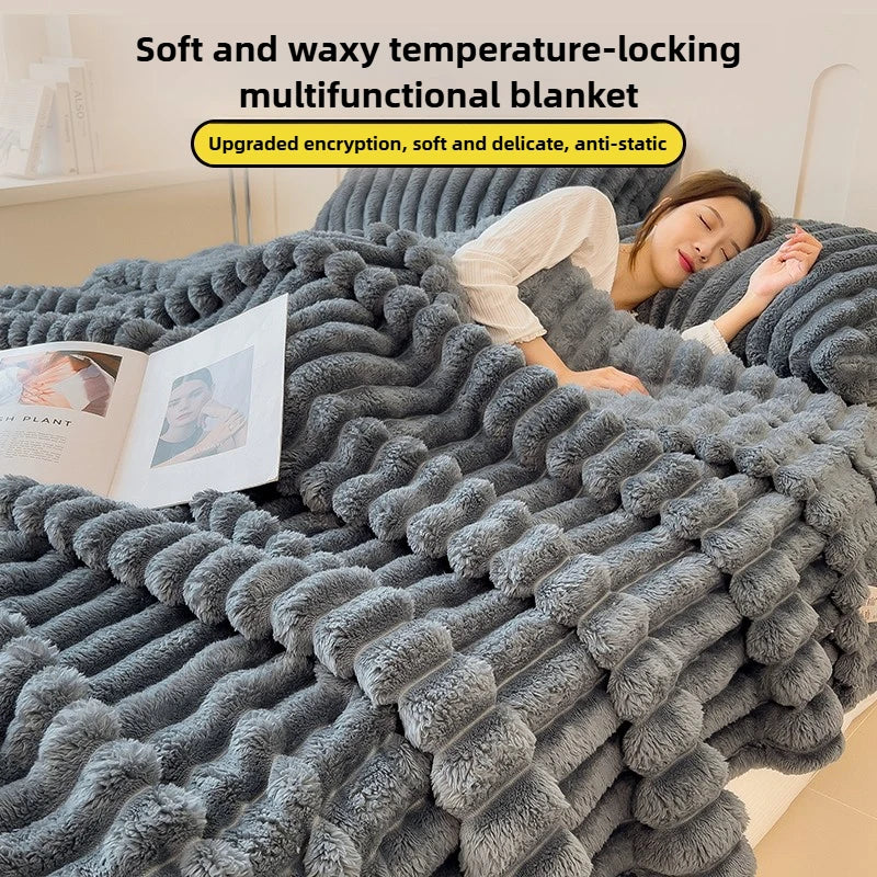 Striped Plush Blanket – Soft Faux Rabbit Fur Throw
