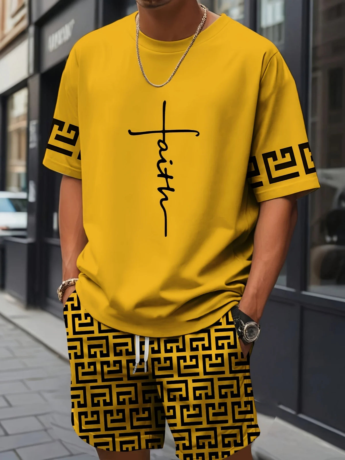 Men's Cross Print Short Sleeve T-Shirt & Shorts Set – Streetwear Holiday 2-Piece