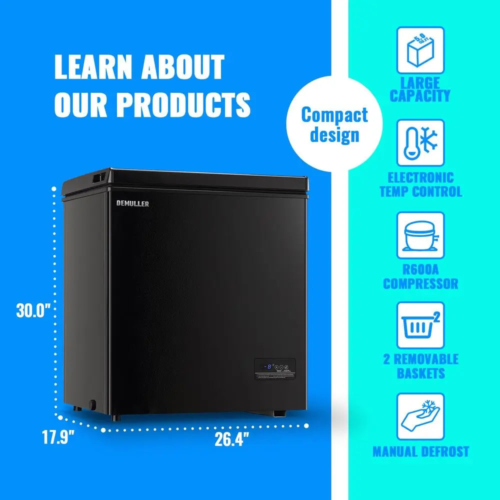 Large Capacity Compact Black Chest Freezer with Two Removable Baskets – Freestanding