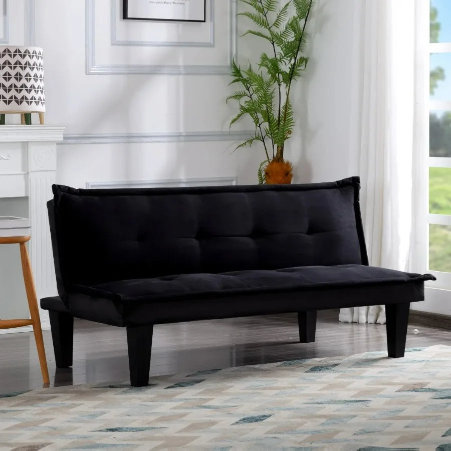 Gewnee 63.8" Futon Sofa Bed | Black Convertible Sleeper Couch, 3-Position Backrest, Faux Suede, Small Spaces