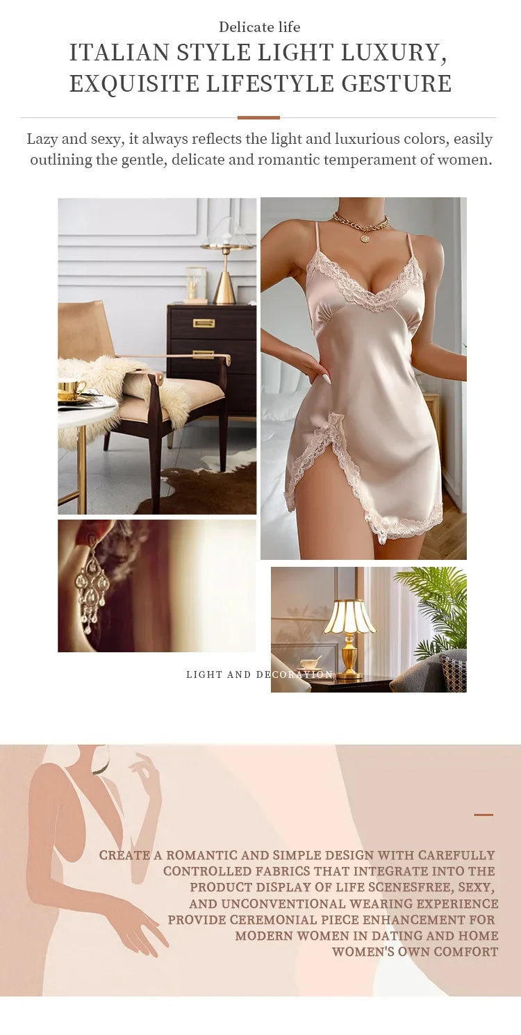Lace Trim Leopard Nightdress — V-Neck Backless Side Split Slip Sleep Dress