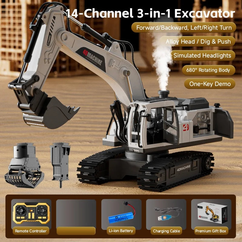 14-Channel 3-in-1 RC Excavator with Mist Spray – Alloy Remote Control Construction Truck