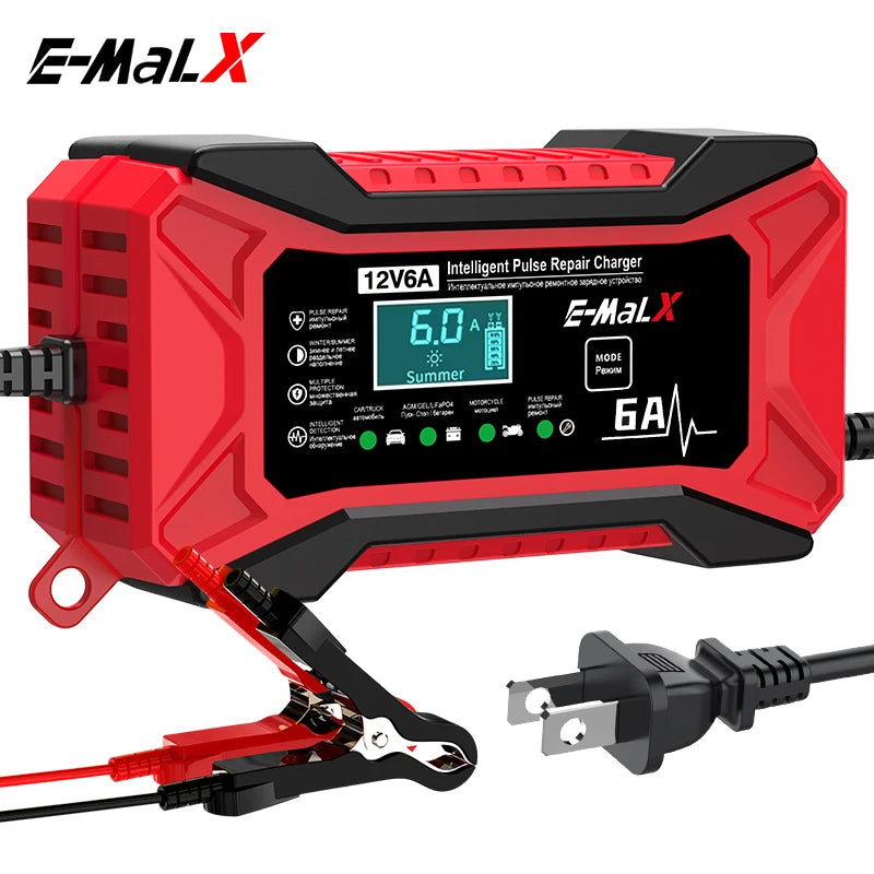 12V 6A Smart Car Battery Charger – Pulse Repair LiFePO4 14.6V Fast Charge AGM GEL Lead-Acid for Auto & Motorcycle