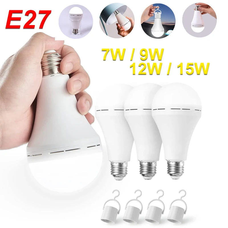 Rechargeable LED Emergency Bulb – 7W to 15W Portable Hanging Camping Lamp for Tent, Home & Power Outages