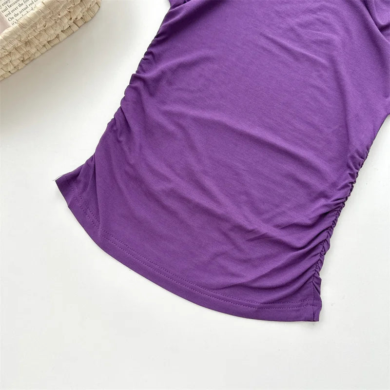 Women's Slash Neck Flare Sleeve Slim Pleated T-Shirt – Sexy Solid Color Pullover Top