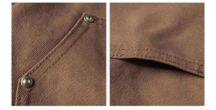 Close-up detail of a brown woven fabric garment, showing a buttoned pocket or flap with metal buttons on the left panel and a stitched fold on the right panel.