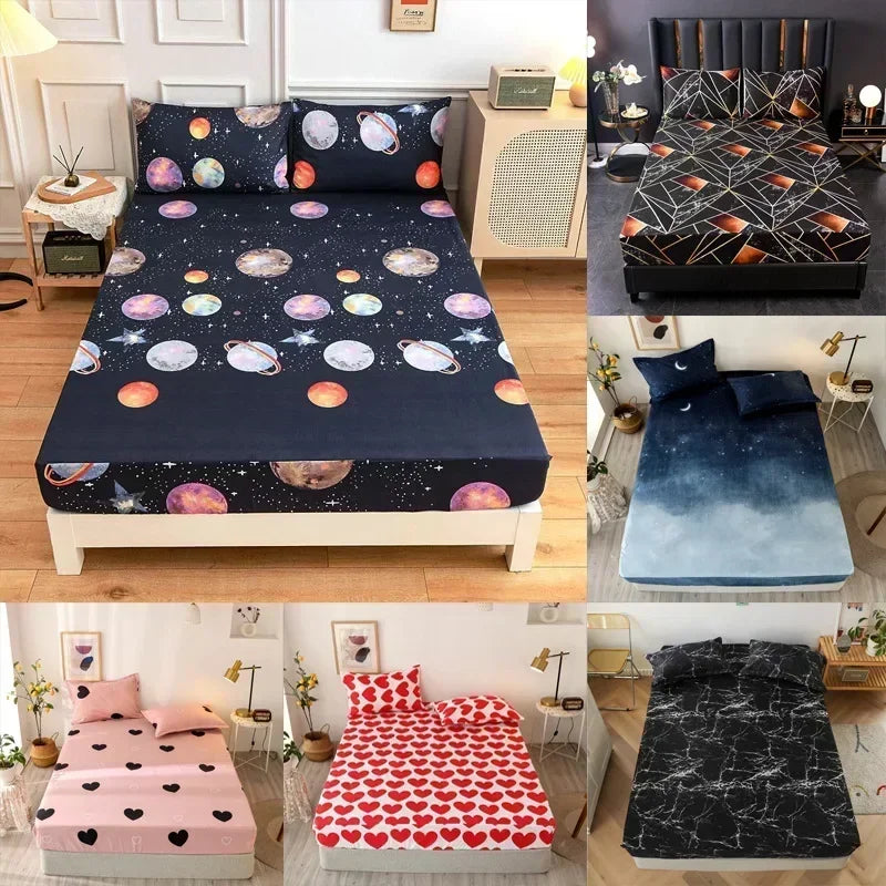 Fashion Print Elastic Fitted Sheet – Non-Slip Mattress Cover with Pillowcase, Multiple Sizes