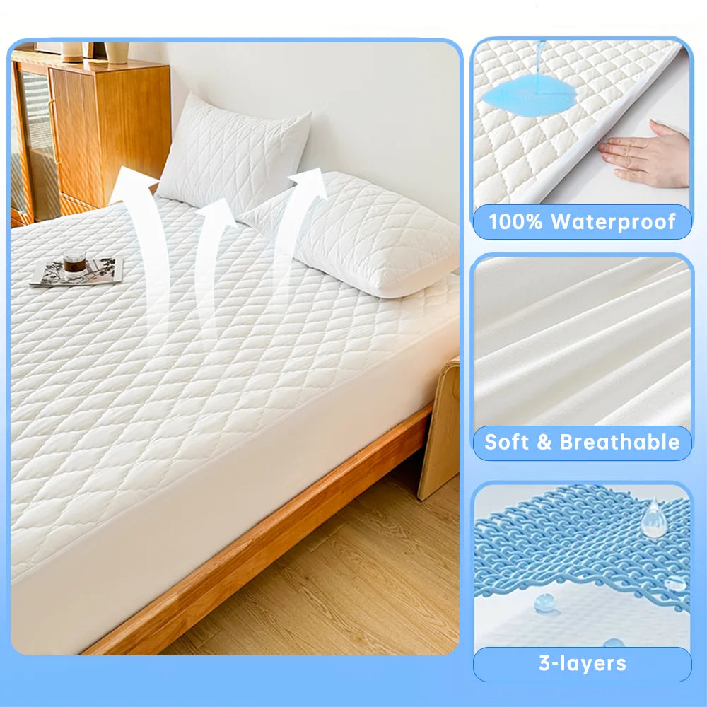 Waterproof Fitted Mattress Cover – Breathable Mattress Protector, Gray & White, Multiple Sizes