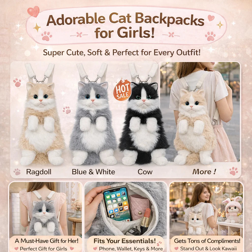 Cute Cat Backpack for Girls, Kawaii Plush Bag, Soft Animal Crossbody Bag for School, Travel & Daily Outfit