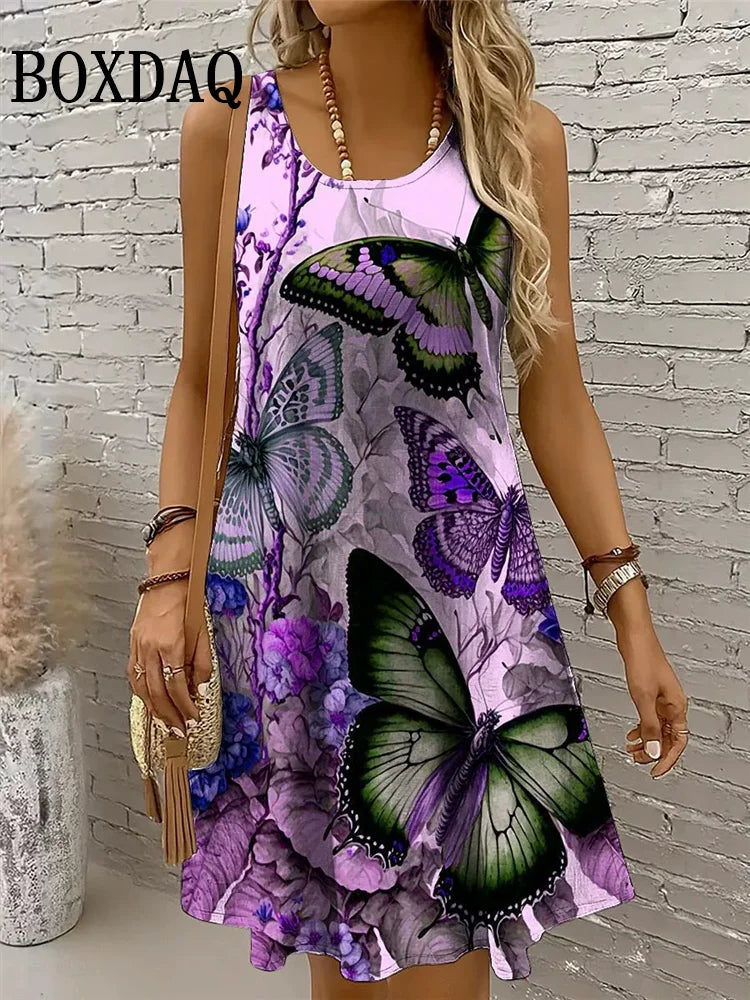 3D Butterfly Print Sleeveless Sundress — Loose Casual Vacation Beach Dress