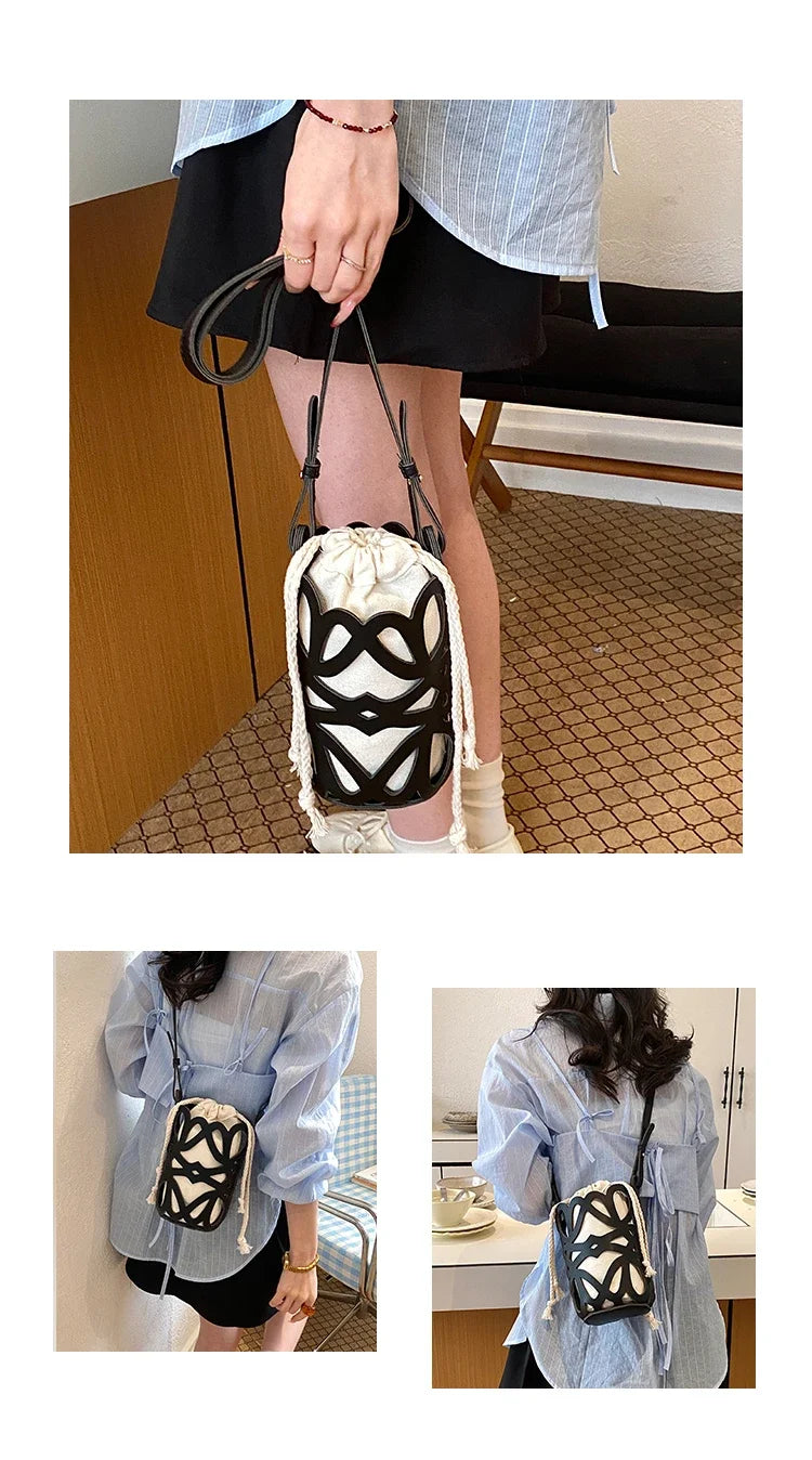 Brilliant Fish Hollow Out Drawstring Mini Bucket Crossbody Bag – Adjustable Strap Shoulder Bag for Women