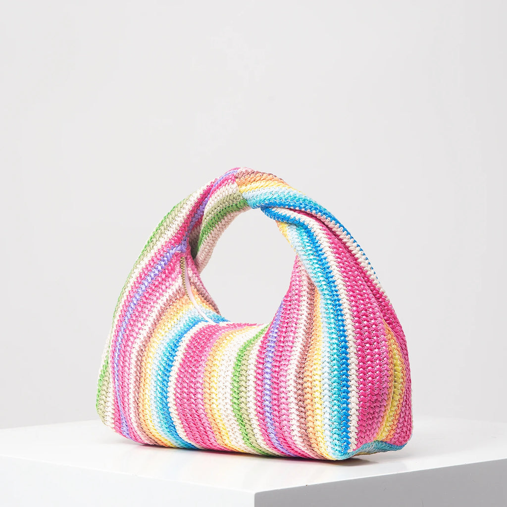 Colorful Ruched Striped Square Beach Bag – Summer Vacation Shoulder Bag for Women