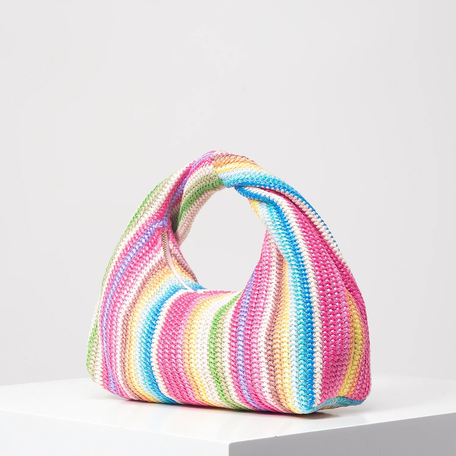 Colorful Ruched Striped Square Beach Bag – Summer Vacation Shoulder Bag for Women