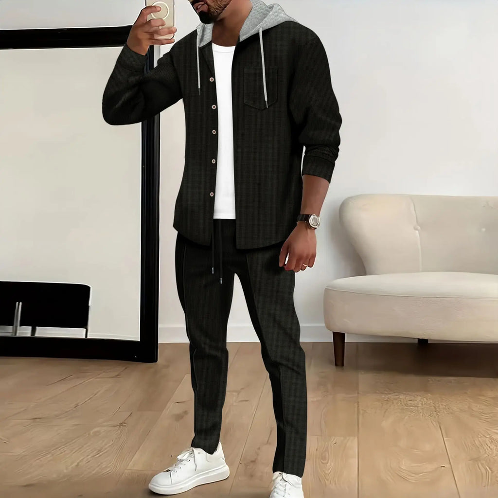 Men's Waffle Knit Slim-Fit Hooded Cardigan & Pants Tracksuit