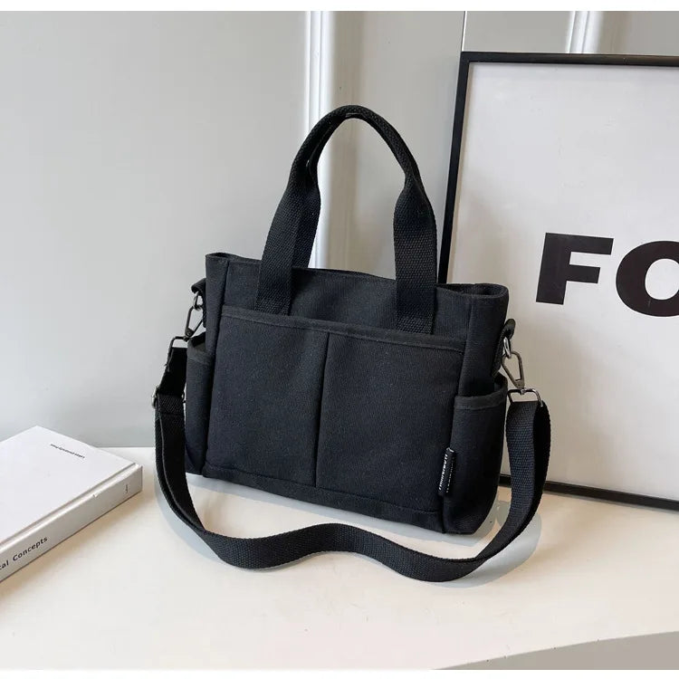 Multi-Pocket Canvas Tote Shoulder Bag – Large Capacity Commuter Shopping Handbag for Women