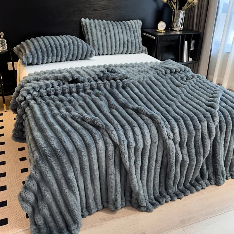 Thickened Wide Stripe Plush Flannel Multifunctional Blanket – Bed Sheet, Sofa & Nap Cover, 7 Colors & 5 Sizes