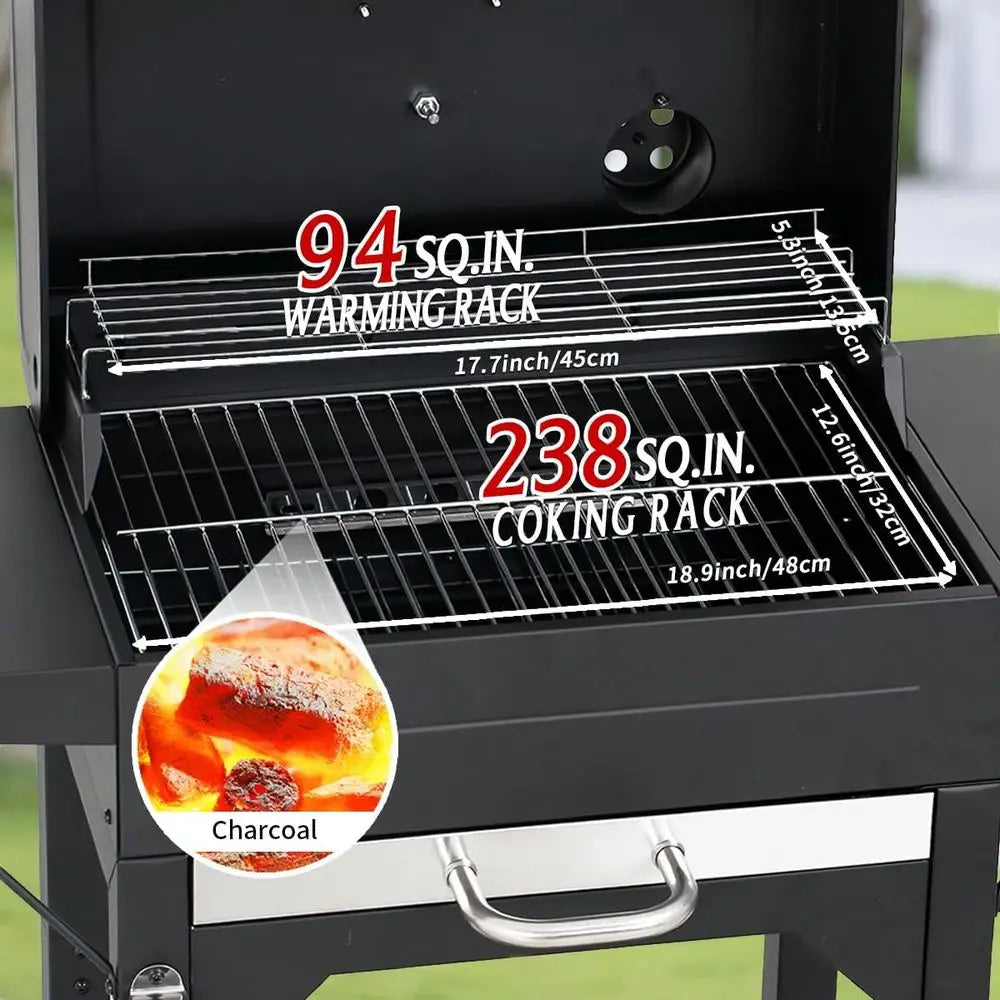 Dual-Side Table Charcoal Grill | 332 Sq. In. Cooking Area, Built-In Thermometer, 360° Wheels, Removable Ash Collector, Outdoor BBQ Smoker