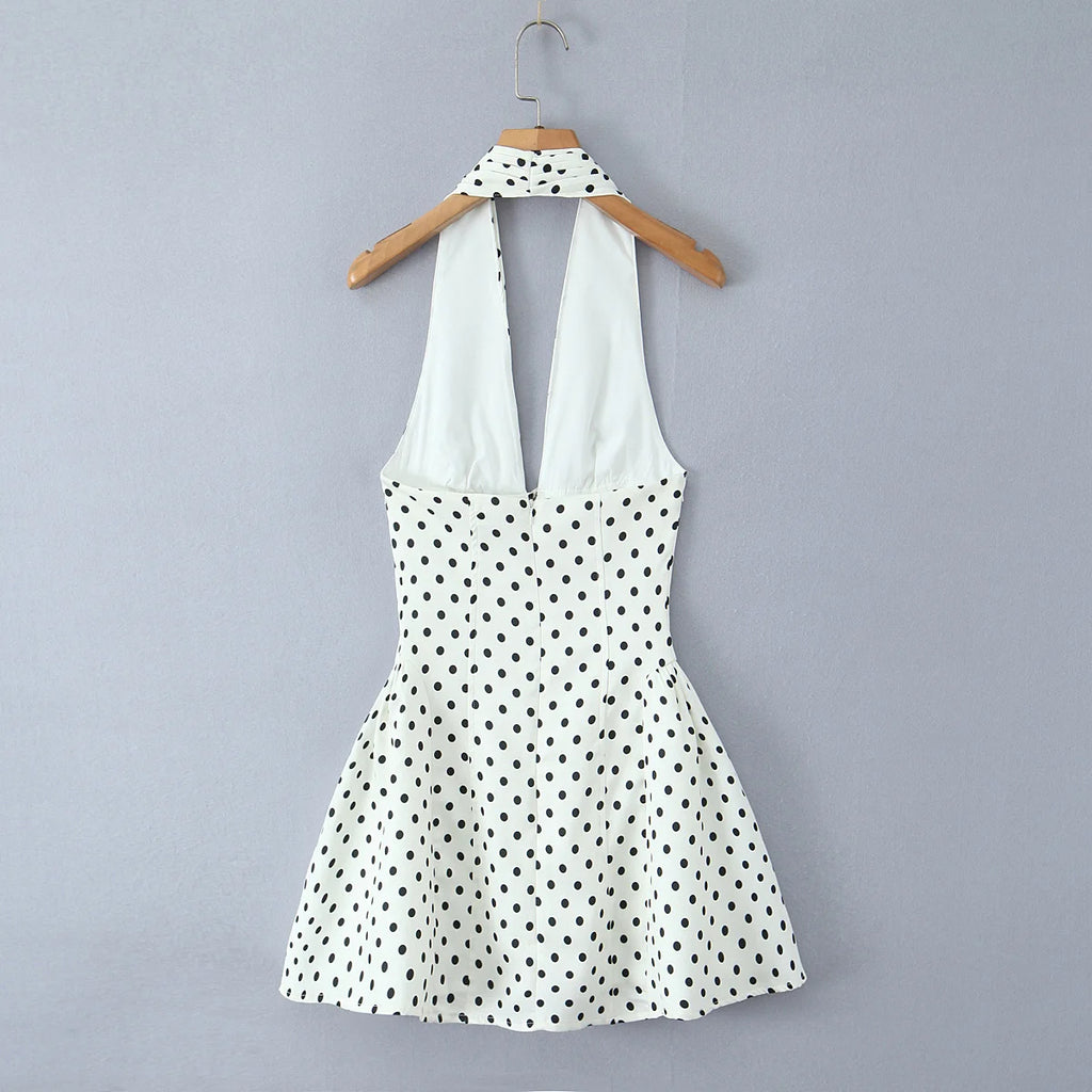 Retro Polka Dot Deep V Halter Mini Dress — Backless A-Line Slim Summer Dress