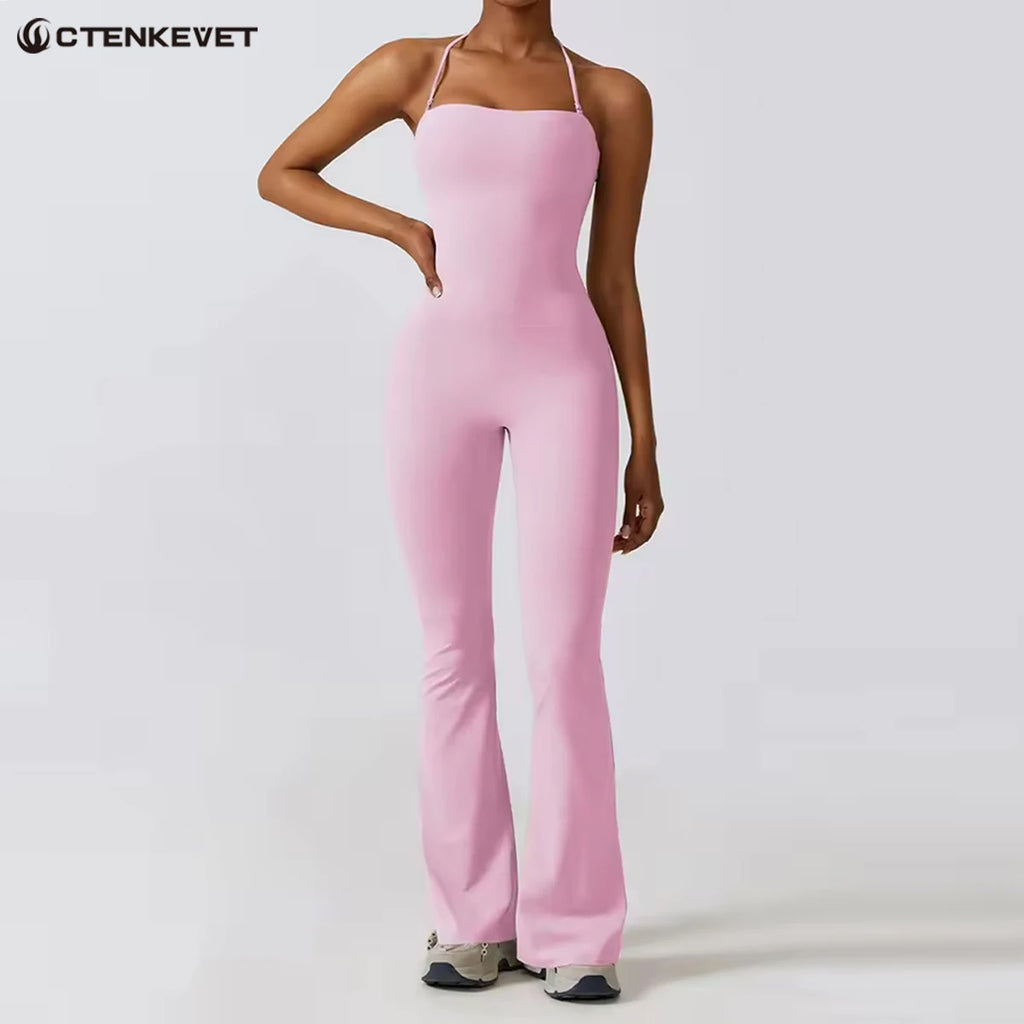 Women's Sleeveless Yoga Jumpsuit – Gym Flared Overalls Neck-Hanging Backless Sportswear