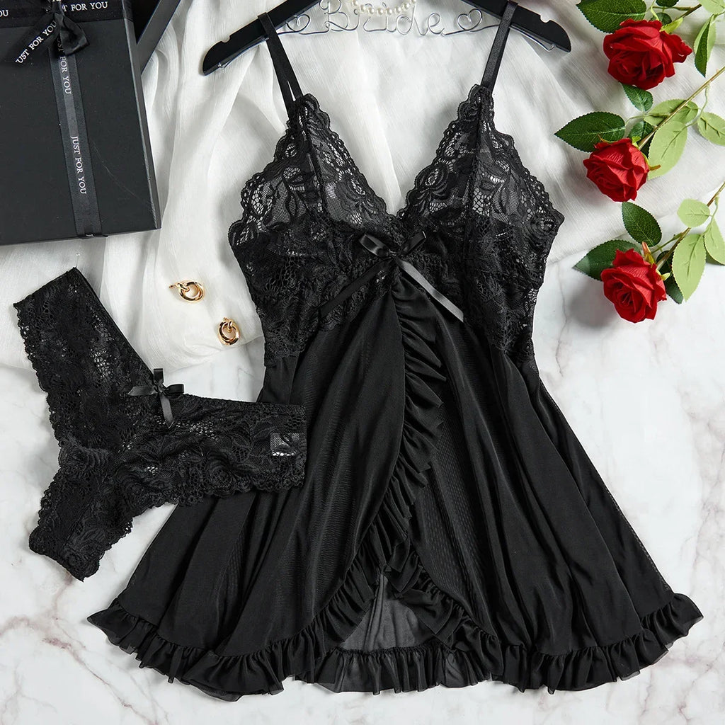 Lace Bra & Slip Nightdress Set — Wire-Free Sexy Sleepwear