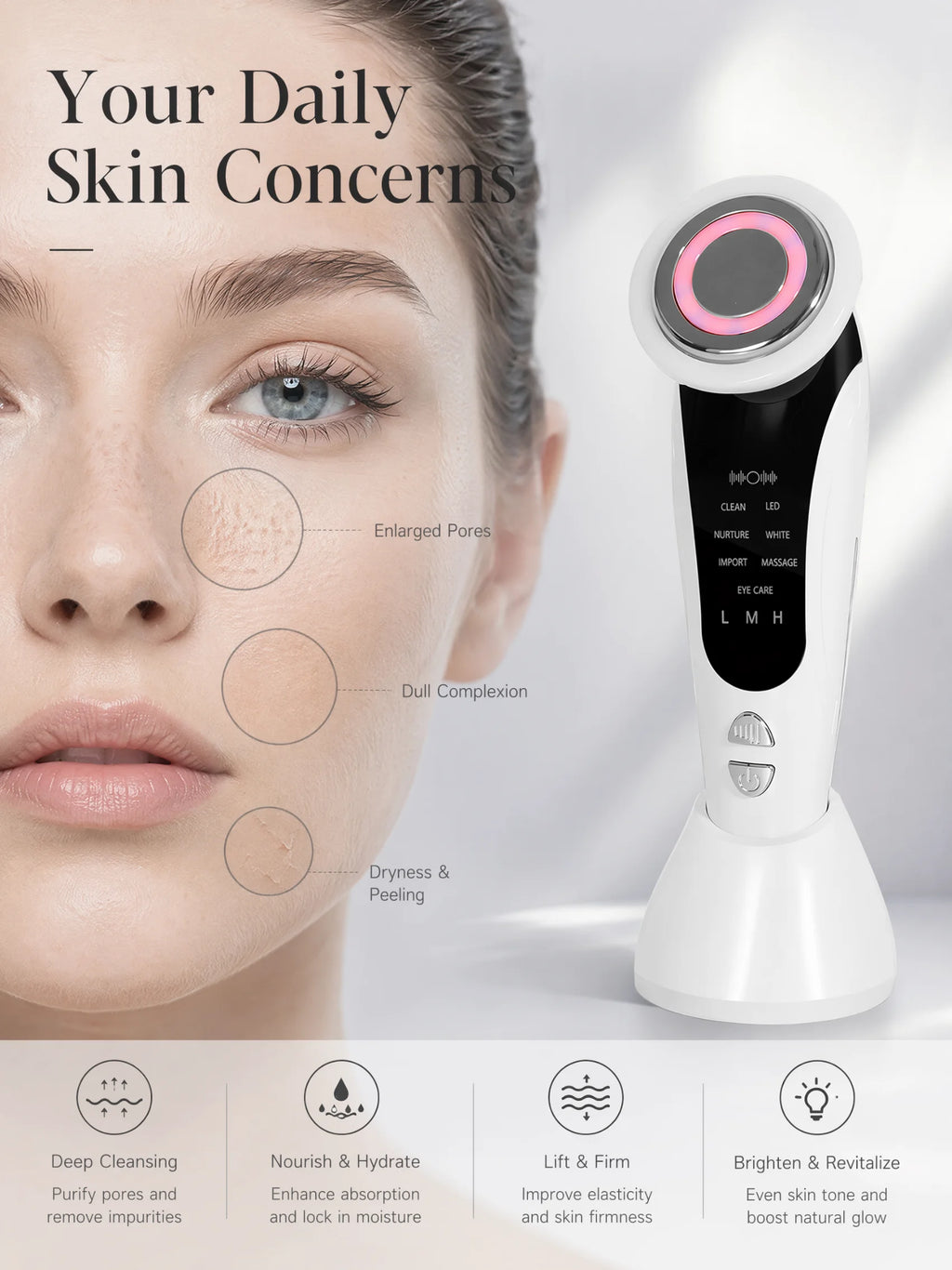 7-in-1 LED Facial Beauty Device – Cleansing, Serum Infusion, LED Light Therapy & Eye Care Massager