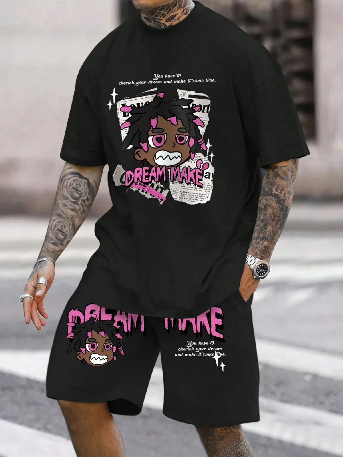 Men's Cartoon & Letter Print Crewneck T-Shirt & Elastic Shorts Set