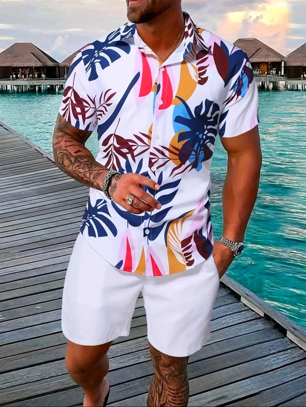 Men's Print Patchwork Lapel Shirt & Beach Shorts Hawaiian Set – Summer Streetwear 2-Piece