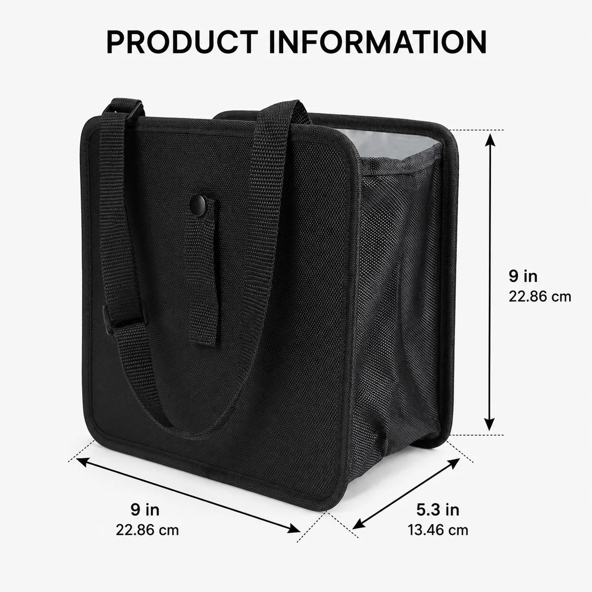 Black tote bag with dimension annotations showing 9 inches in height, width, and 5.3 inches in depth on a light gray background.