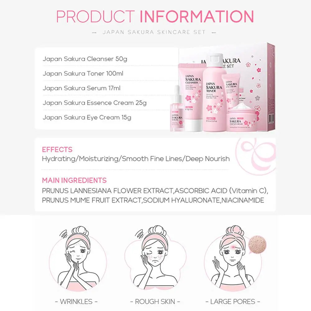 Sakura Skincare Gift Set – 3-Piece Travel Bag or 5-Piece Gift Box for Women