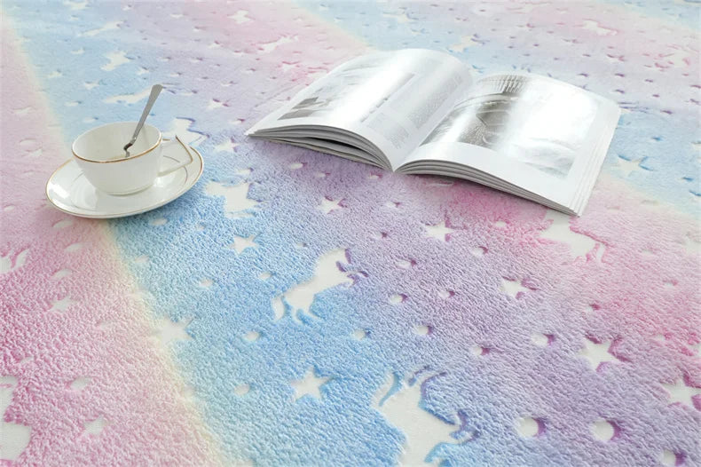 Rainbow Unicorn Glow in the Dark Area Rug – Large Kids Room Carpet with Stars