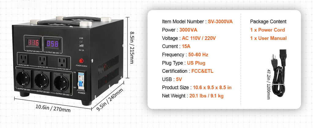Heavy Duty Voltage Converter Transformer — 2000VA/3000VA/5000VA Step Up/Down, US & EU Outlets