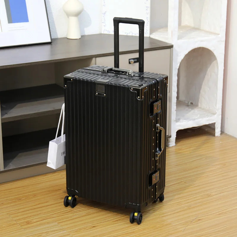 Aluminum Frame Leather Trolley Case — 20"/24"/26"/28" Universal Wheels