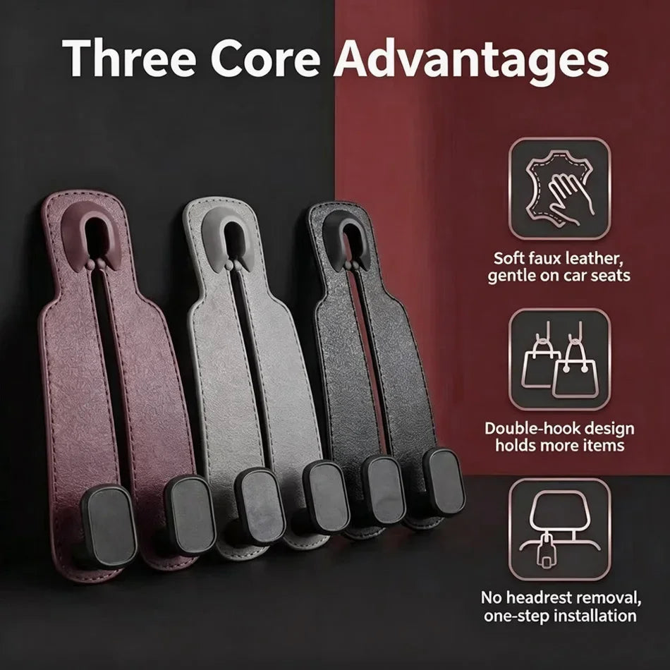Three faux leather car seat organizer hooks in burgundy, gray, and black, displayed with feature callout icons and text on a split black and burgundy background.