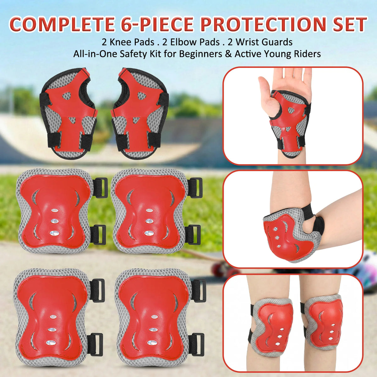 6-Piece Kids Protective Gear Set – Knee Pads, Elbow Pads & Wrist Guards for Bike, Skateboard & Skating