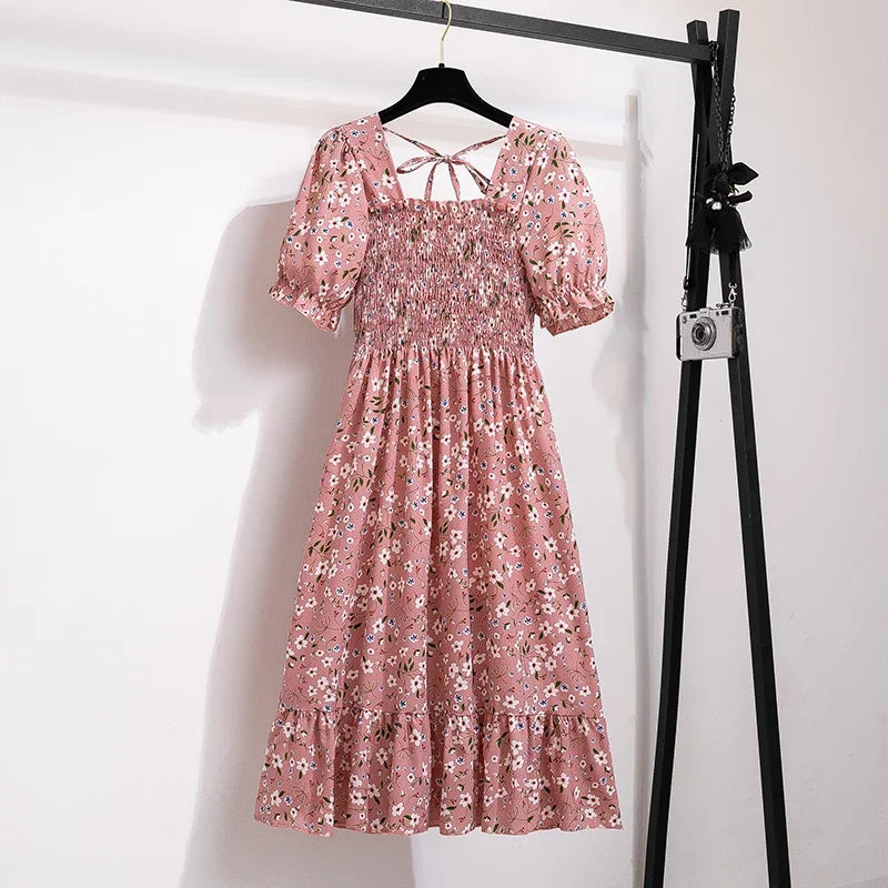 Chiffon A-Line Midi Dress — Elastic Waist Short Sleeve Casual Dress