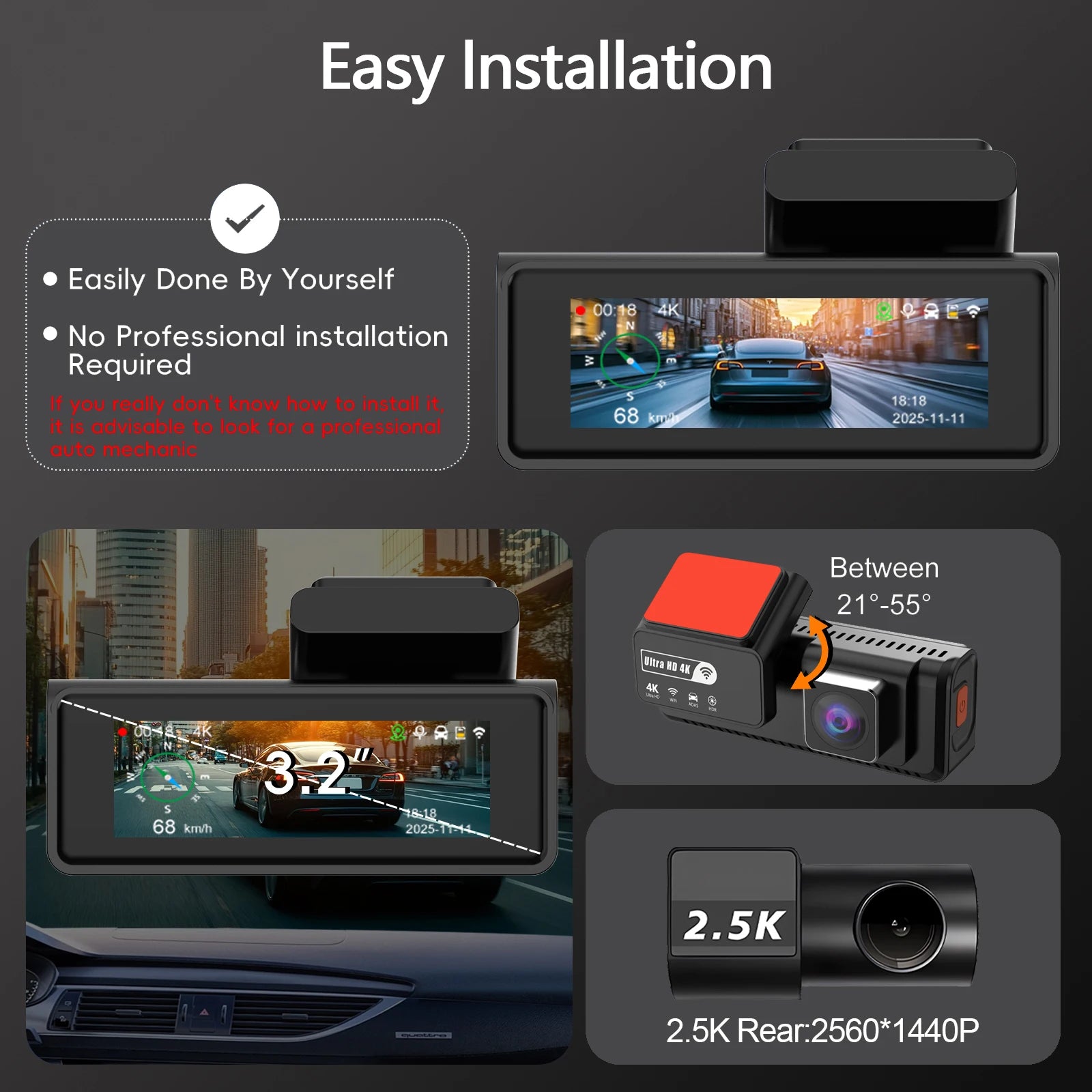 ADAS 4K+2.5K Dash Cam – GPS, WiFi, 24H Night Vision, Optional Rear Lens, Mini Car DVR