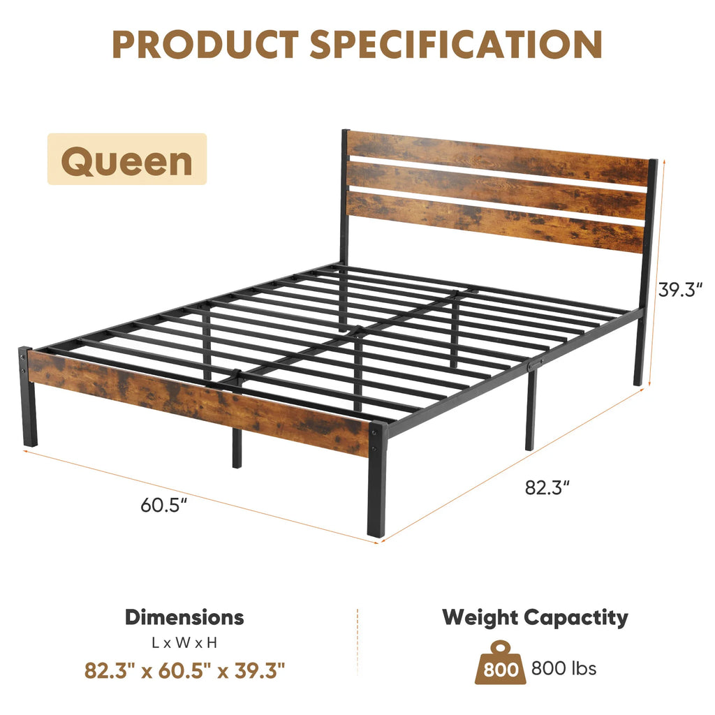 MCQ Metal Platform Bed Frame with Wooden Headboard — 700LBS