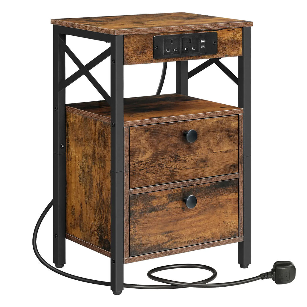 Bedside Nightstand with Built-In Charging Station — 2 AC Outlets & 2 Power Ports