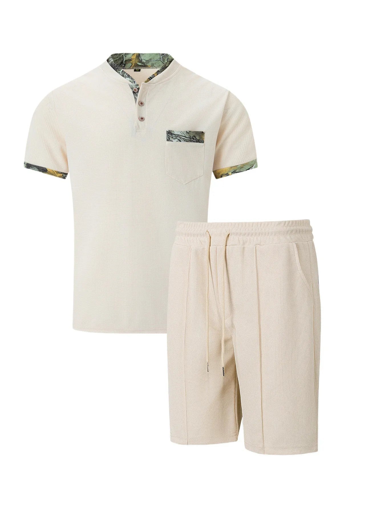 Men's Waffle Solid Color Zip Lapel Short Sleeve & Shorts Set – European Summer 2-Piece Suit
