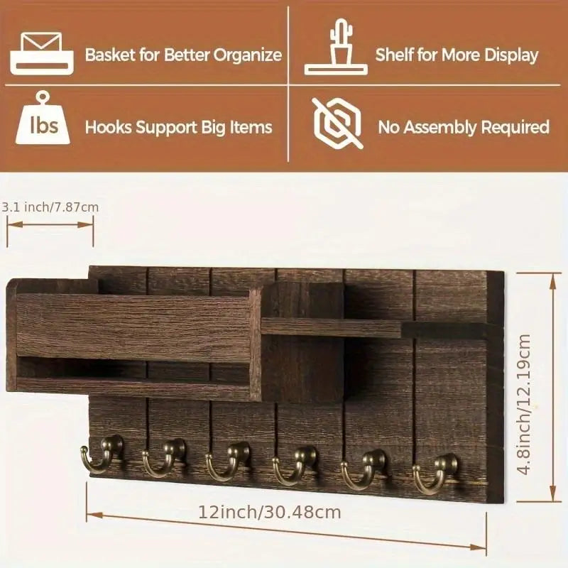 Wall-Mounted Wood Storage Rack with 7 Hooks — Mail, Keys, Glasses & Entryway Organizer