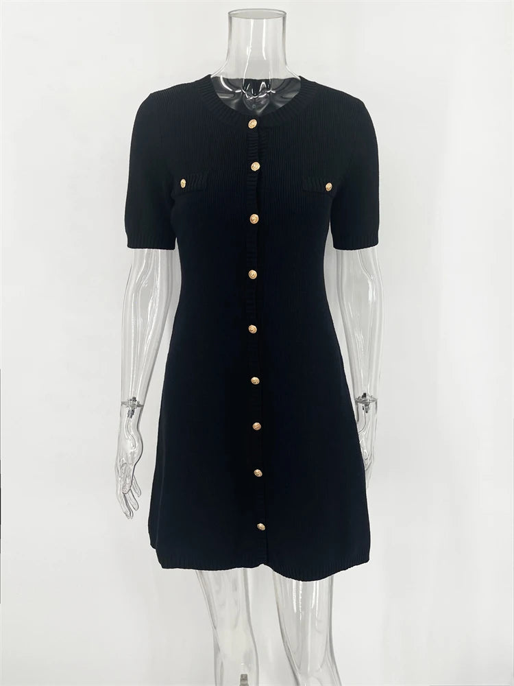 Elegant Knit Rib Mini Dress — High Waist Short Sleeve Bodycon Sweater Dress