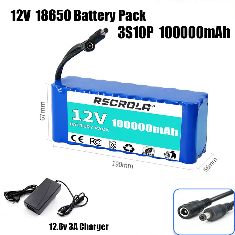 Rechargeable 12V 18650 Lithium Battery Pack with BMS – For Solar, LED Light, RC Model & Power Supply with Charger