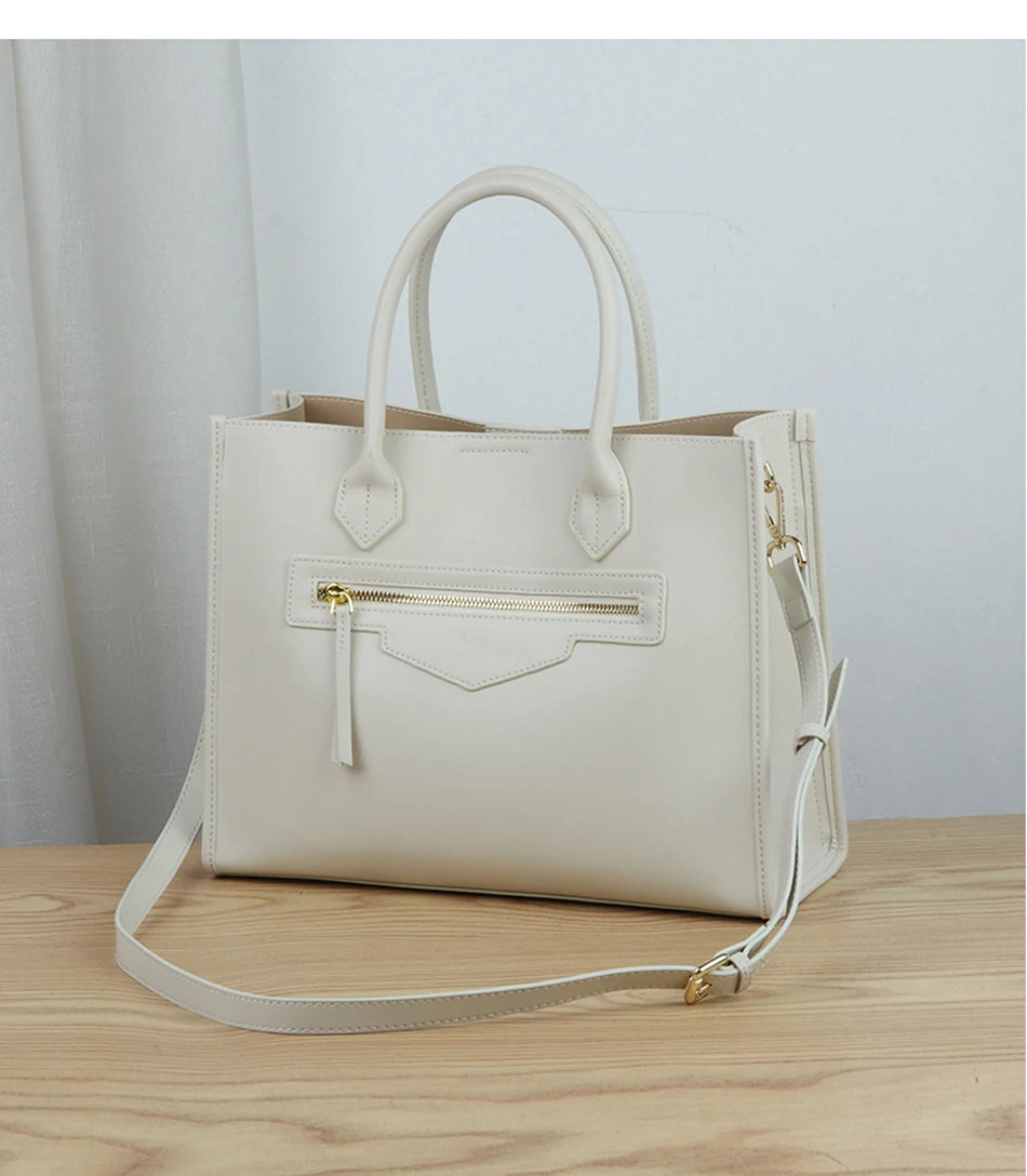 Luxury Cowhide Leather Tote Bag – Large Capacity Shoulder Bag with Laptop Compartment for Women